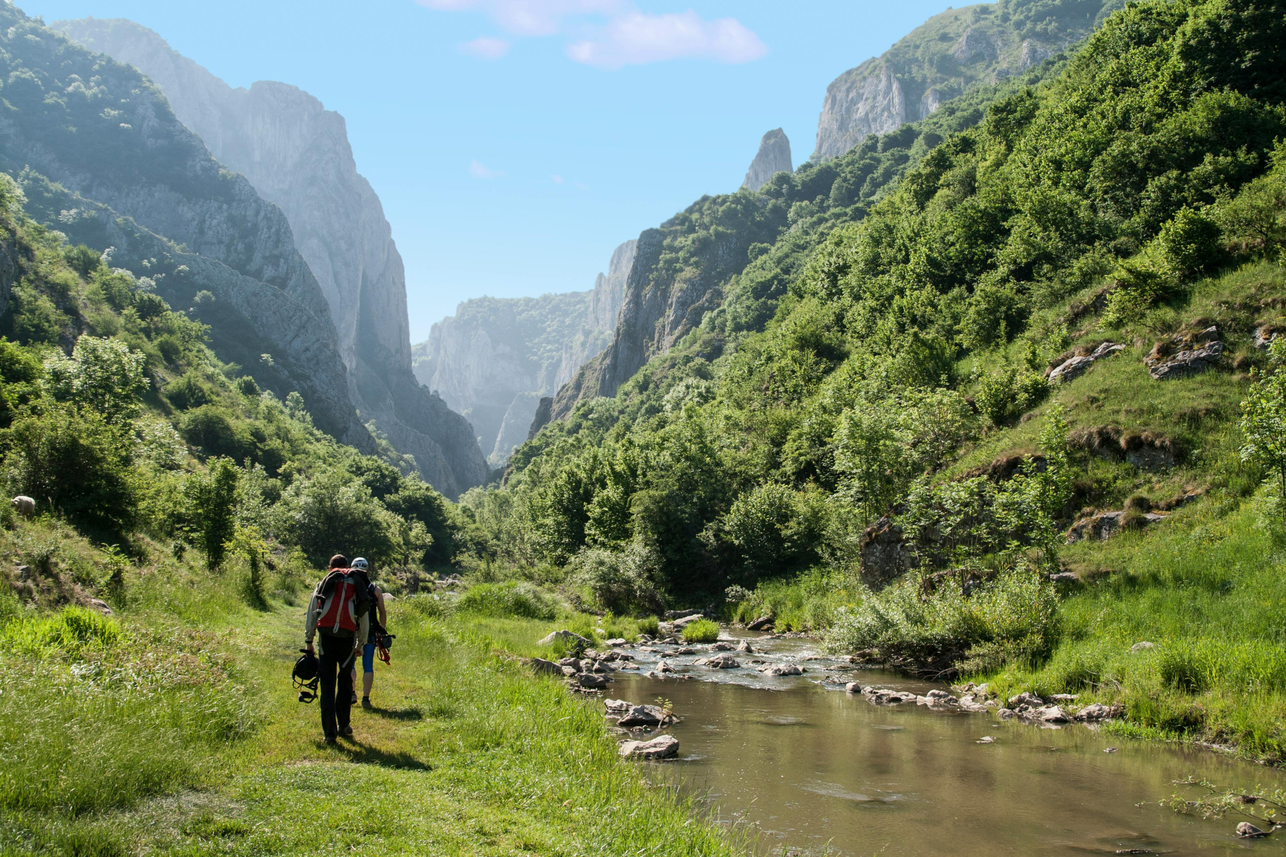 Two people walking forward together through a mountain valley representing leadership journey and forward momentum — Bridging Momentum Waves organizational health advisory South Florida
